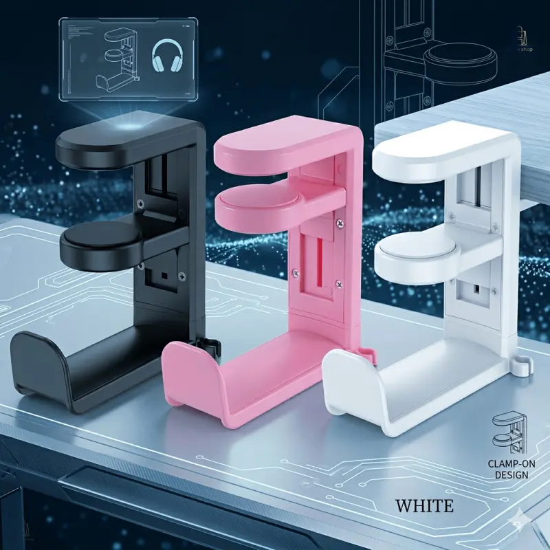 Rotatable Gaming Headset Holder, Adjustable Clamp-on Under Desk Hanger, 360° Swivel Headphone Stand with Cable Clip, Black White Pink Available