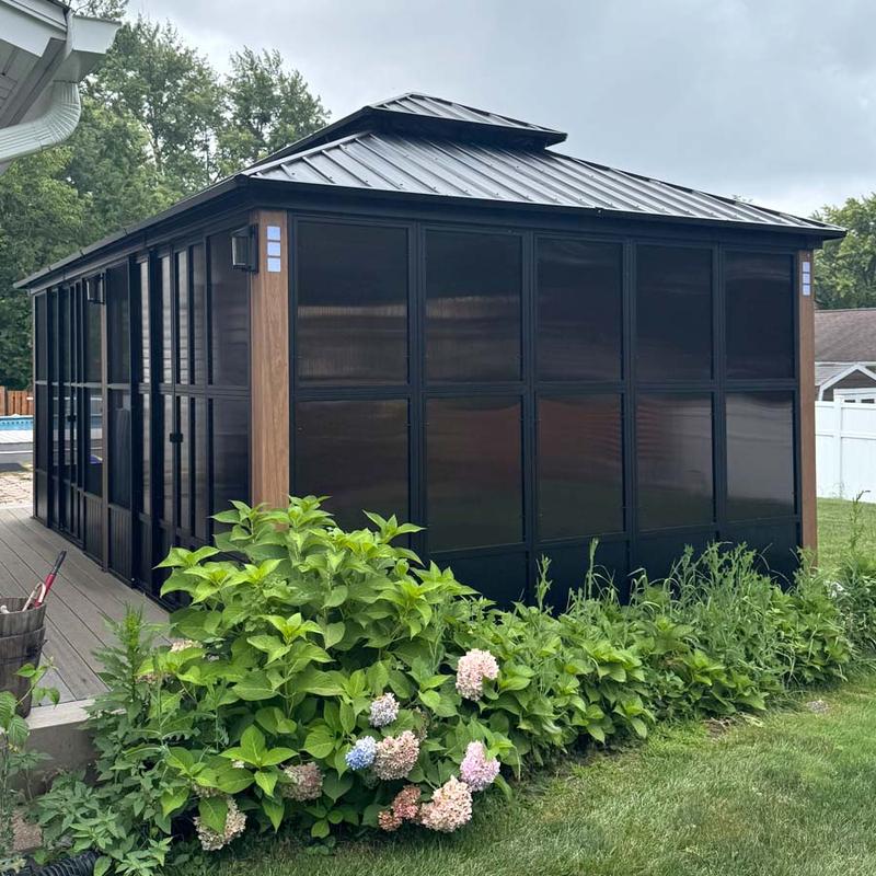 PURPLE LEAF 12' x 14' Hardtop Gazebo For Patio | Screen House Wood Grain Aluminum Solarium Canopy