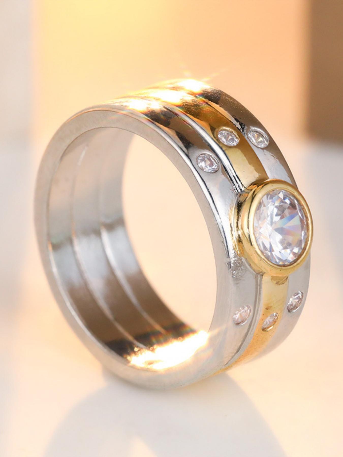 Two Tone Splicing Wide Face Ring with Circular Synthetic Zircon Inlay for Couples, Commemorative Day Gift Ring