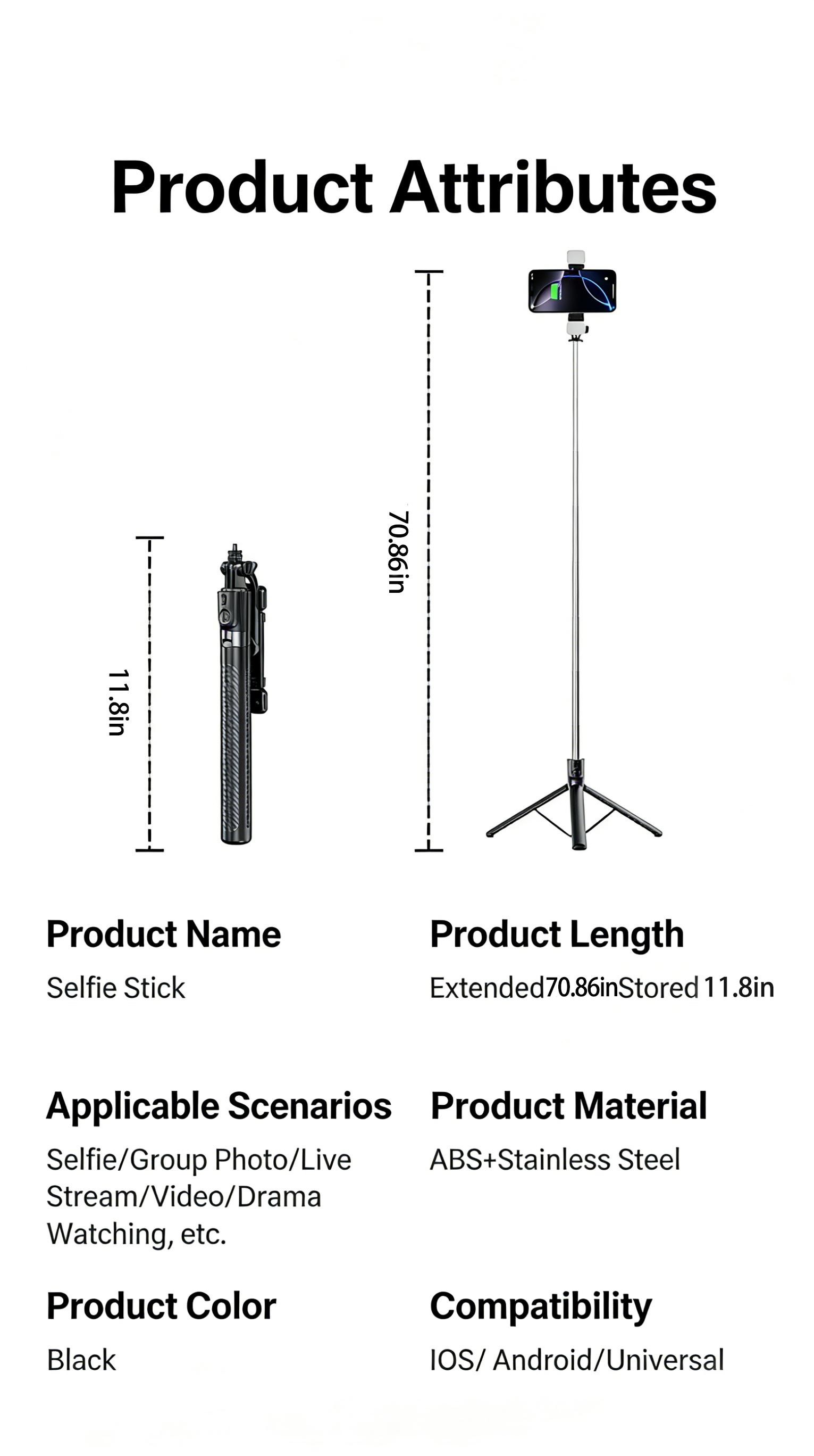70.86" telescopic Selfie Stick Tripod, 3-Axis Anti-Shake with Bluetooth Remote, Compatible with iPhone/Android/Camera for Vlog/Live Stream