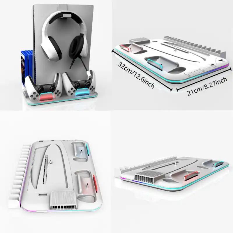 PS5 Stand with Cooling Station and Controller Charging Station for PlayStation 5 Slim Console, PS5 Controller Charger, Cooling Stand, Dynamic Light, Headset Holder for PlayStation 5 Accessories, White