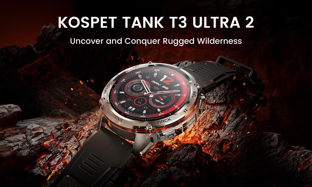 KOSPET TANK T3 Ultra 2 Smart Watch GPS Calls 50-Day Battery 1.43 AMOLED Display 5ATM Water Proof Stainless Steel Body Compatible Android iOS Men Gadgets Blood Pressure Heart Rate Tracker Magnetic Charging, New Year Pick
