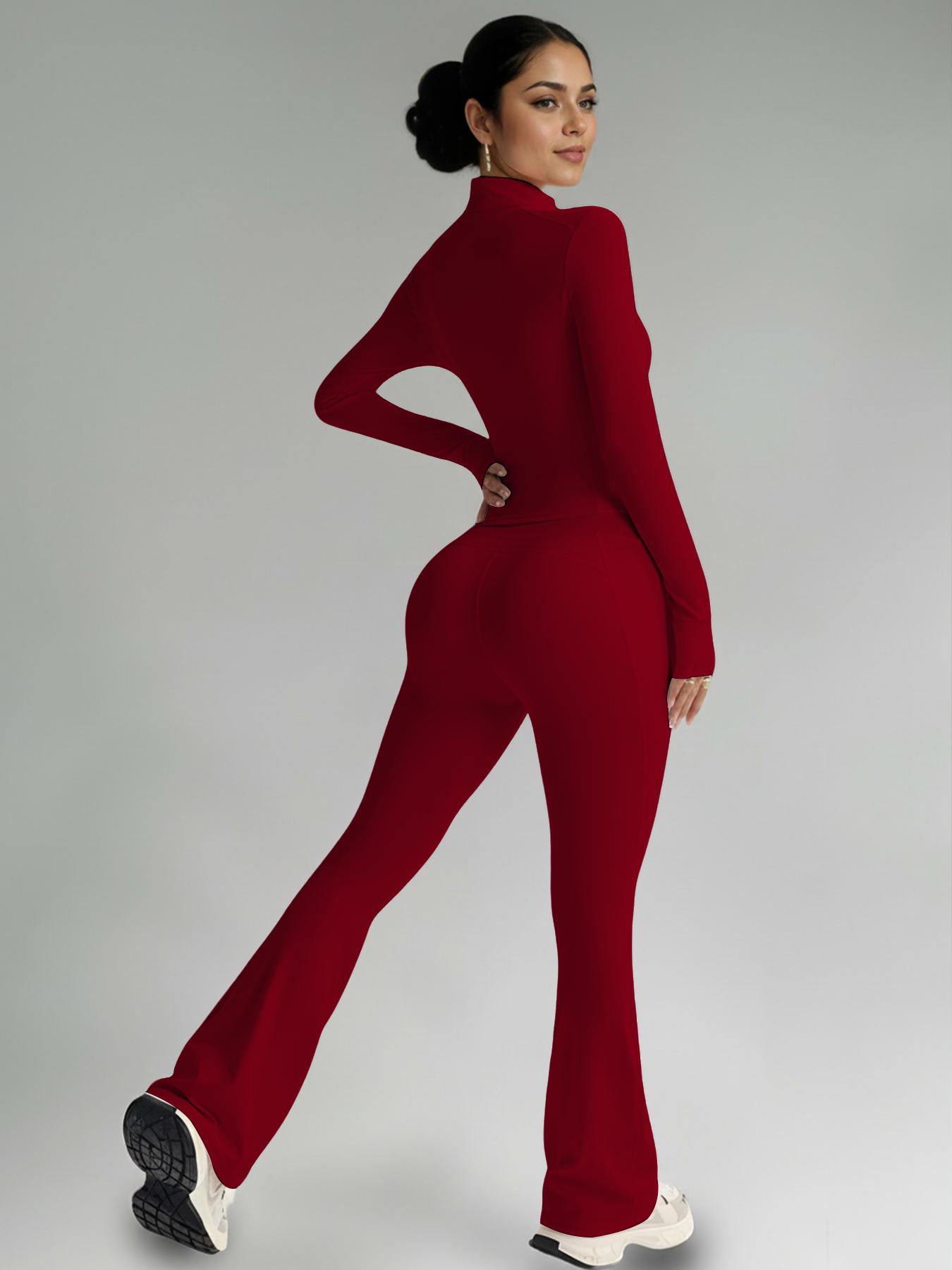 Women's Fashion Two-Piece Set, Slim Fit Long Sleeve Thumb Hole Cuffs, Zipper Front Jacket Style, High Waist Flared Pants, Fall & Winter Casual Wear