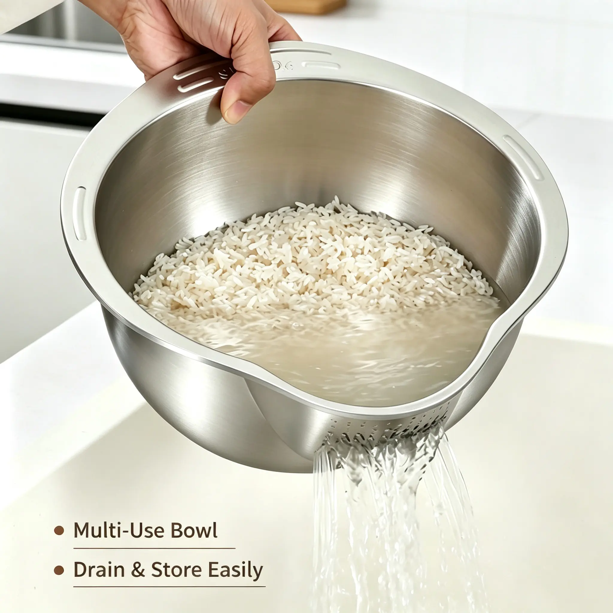 Stainless Steel Rice Washing Bowl, Rice Washer Strainer with Quick-Drain Side Design, Kitchen Colander for Rinsing Rice, Fruits, Vegetables & Beans
