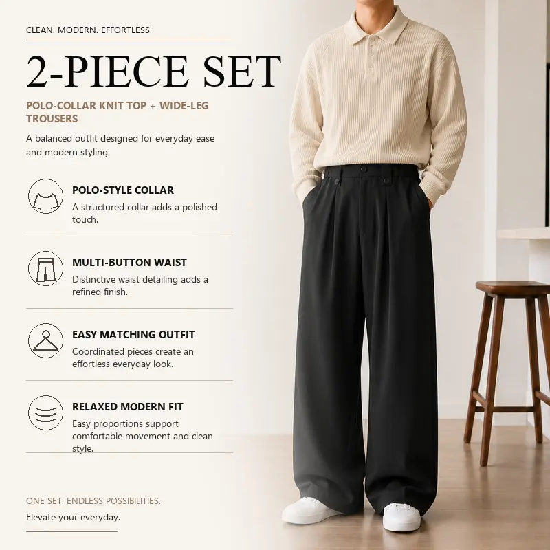 Men's Coordinated 2-Piece Knit Outfit, Polo Collar Ribbed Knit Sweater with Straight Leg Tailored Pants, 8 Curated Solid Color Pairings, Sizes S-XXL, Daily Work Travel Style, Group 13