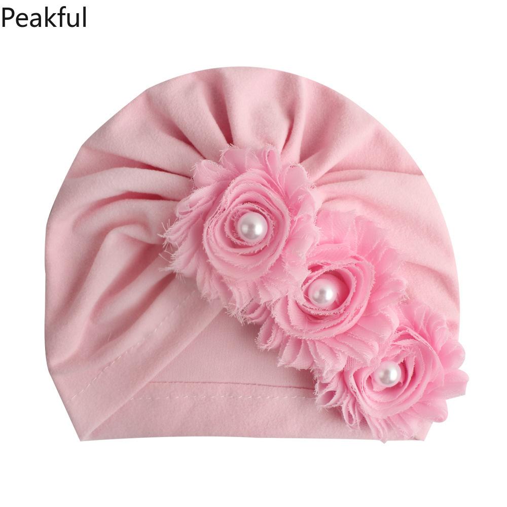 Kids Floral Pearl Decor Turban Hat, Popular Soft Cotton Baby Headwear, Elegant Toddler Headwrap, comfortable elastic design & charming flower details, great for casual outings, birthday parties and newborn photography