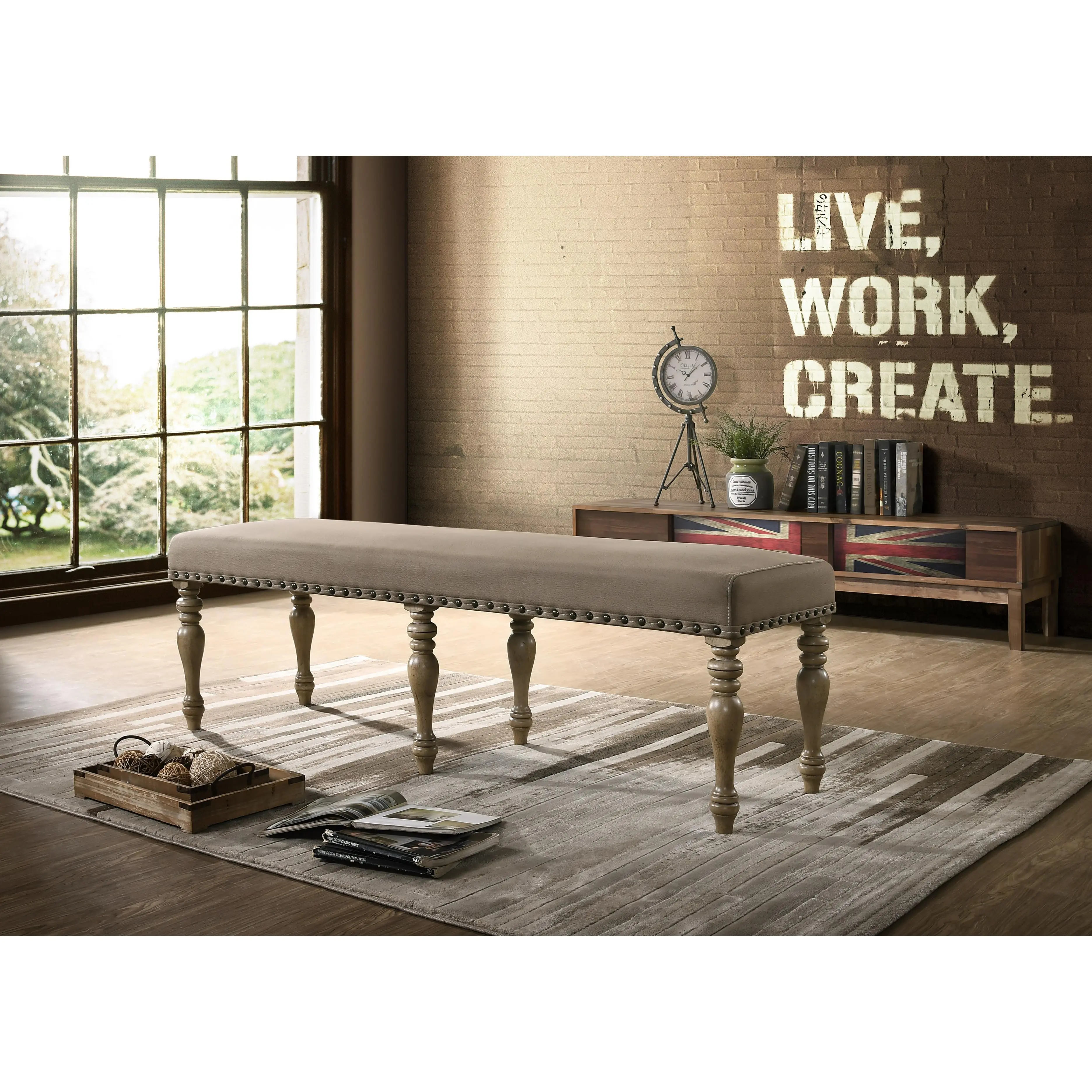 Upholstered Dining Bench with Nailhead Trim, Microfiber Seat, Driftwood Finish, Rubberwood and Oak Veneers, Turned Legs, 60.63"W x 18.11"D x 19.88"H, Brown