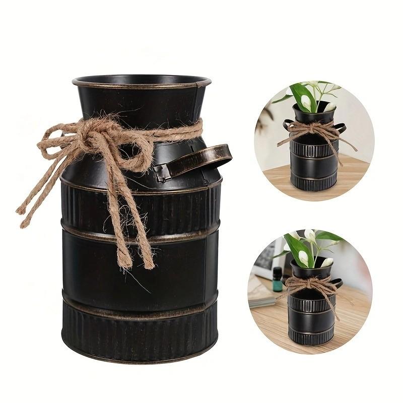 Vintage Rustic Metal Cylinder Vase with Handle, Farmhouse Decor Watering Can, Living Room Desk, Coffee Shop, Garden Party, Wedding Party Decoration