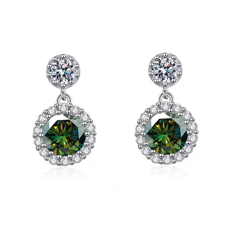 [#274] Halo Drop Earrings, 1ct+1ct Brilliant Round Cut, VVS Synthetic Moissanite, 925 Sterling Silver Jewelry for Women