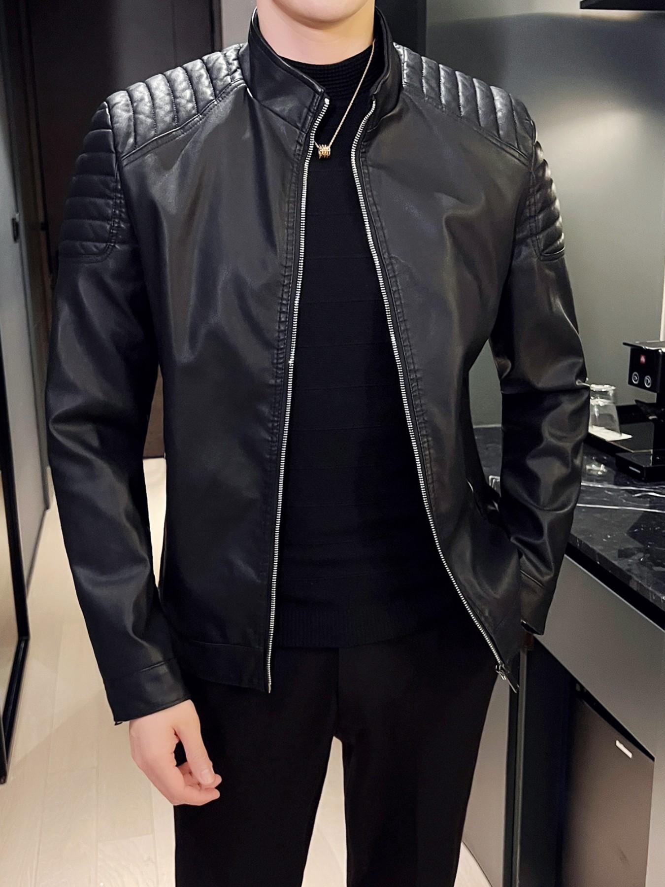 Men's Stand Collar Slim-Fit Faux Leather Motorcycle Jacket, Zip Closure, Long Sleeve, Casual Spring Fall Outerwear, Windproof PU Coat
