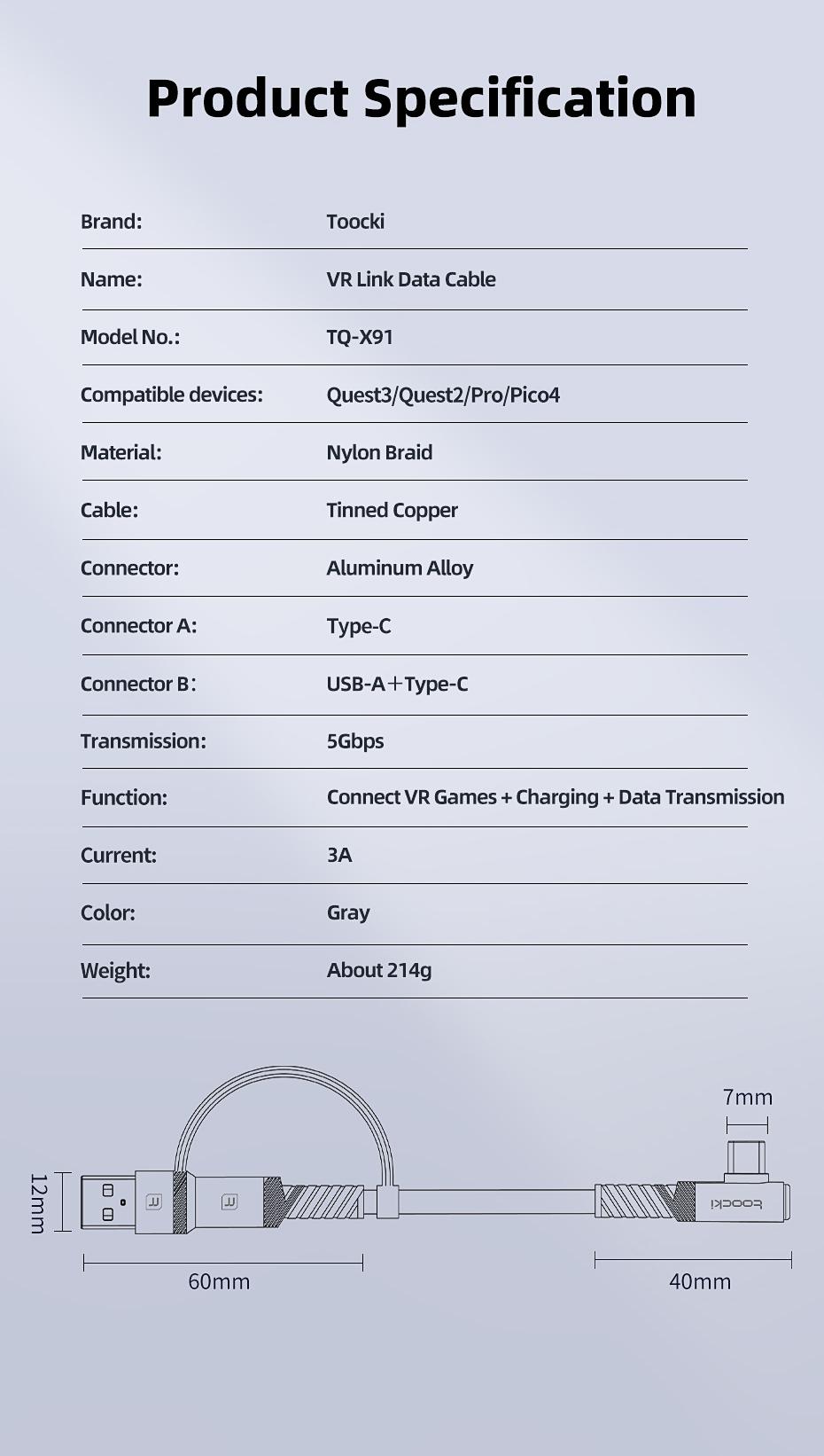 Toocki 5m VR Link Cable 2-in-1 USB A USB C to Type C PD USB3.0 Data Transfer Elbow Wire For Quest3/Quest2/Pro/Pico4 Accessories 90 Degree Elbow USB C To Type C Link Cable