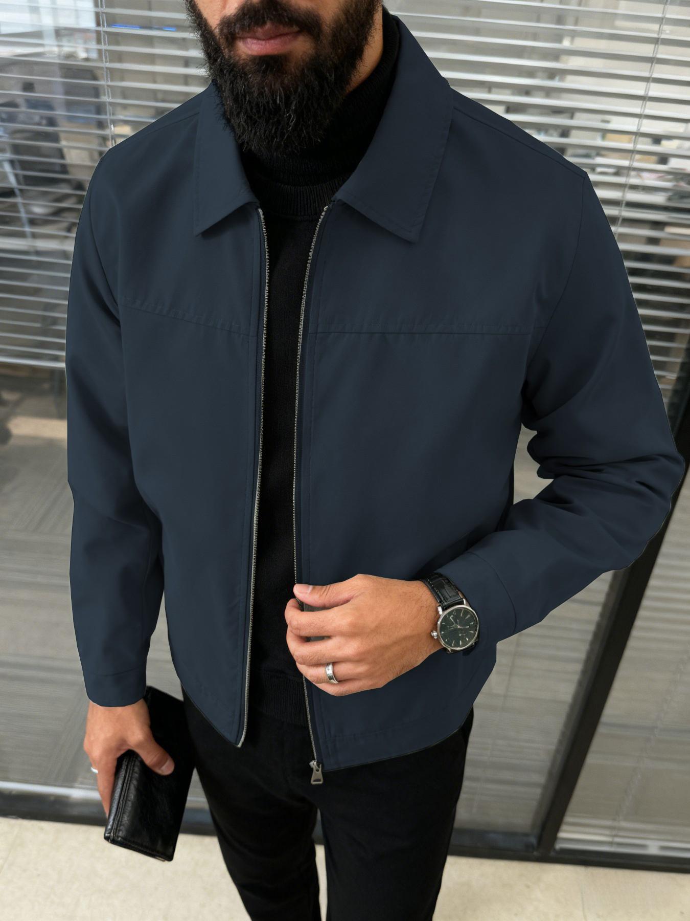 Men's collar casual jacket with zipper closure design, simple and light business style jacket, machine washable, 100% polyester fiber, easy to maintain fabric, suitable for daily leisure, work travel, and formal wear - Spring and Autumn