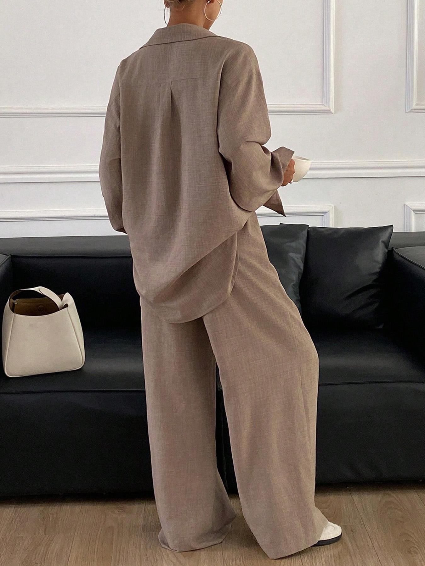 Women's Casual Loose Long Shirt, Comfortable Fall Winter Fabric Top, Simple Design Daily Wear Blouse, Fashion Home Clothes Set