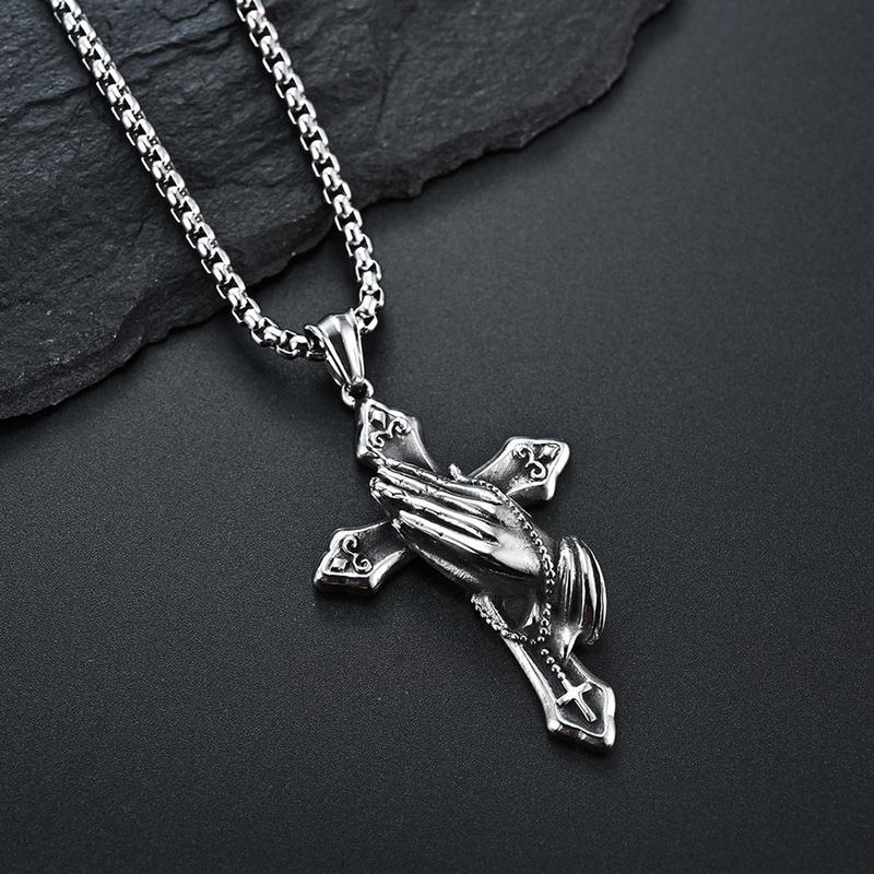 Y2k praying hands stainless steel cross necklace does not fade men and women hip hop jewelry party jewelry couple gift