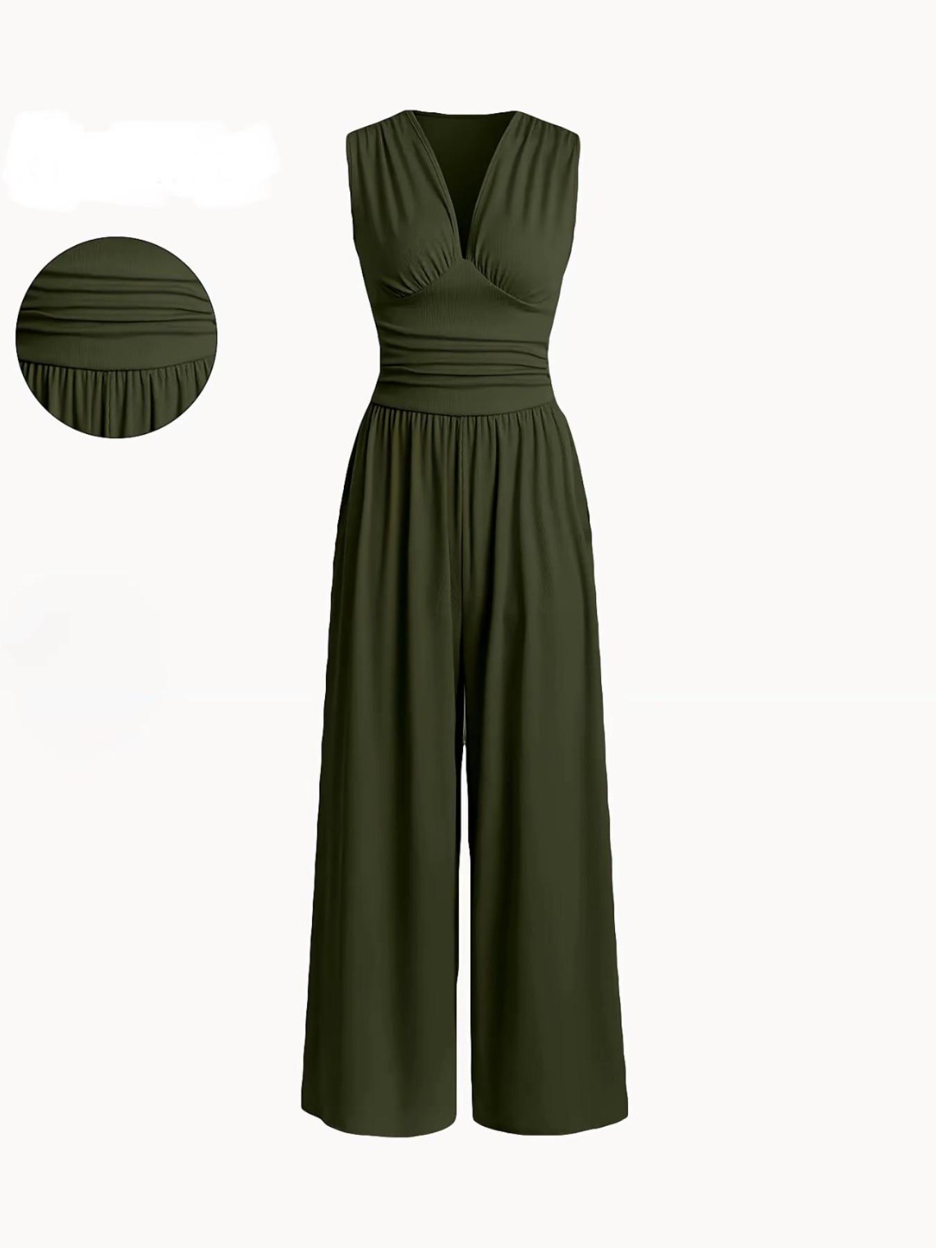 Women's Plain Ruched Deep V Neck Wide Leg Jumpsuit, Sleeveless Ribbed Jumpsuit for Daily Wear, Ladies Clothes for All Seasons, Casual Basic Jumpsuit, Casual Jumpsuits