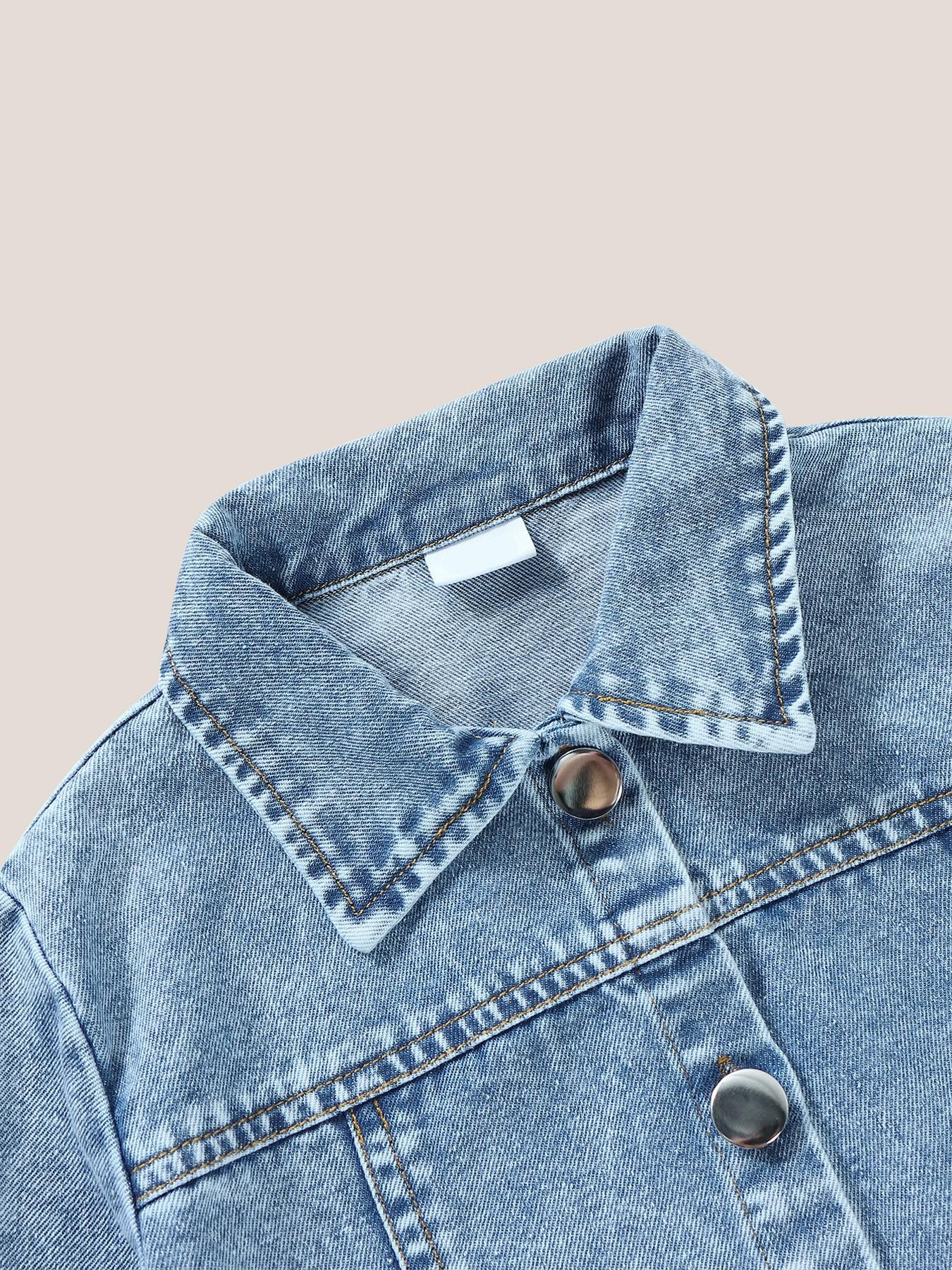 Girls' Casual Fashion Denim Jacket, Shiny Heart Pattern, Comfortable Fit, Suitable for School and Dates, Ages 12 and Under