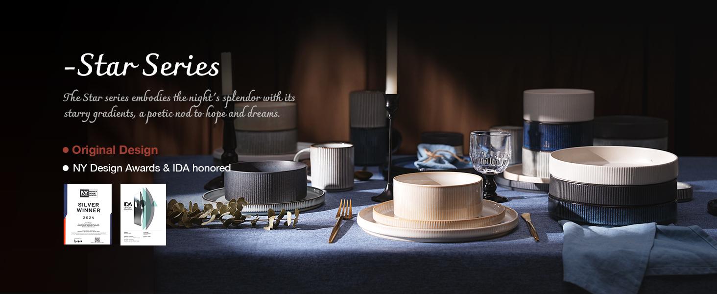 Famiware Star 8.25'' Stoneware Large Pasta Bowl (Set of 4) Tableware, Smoky Blue