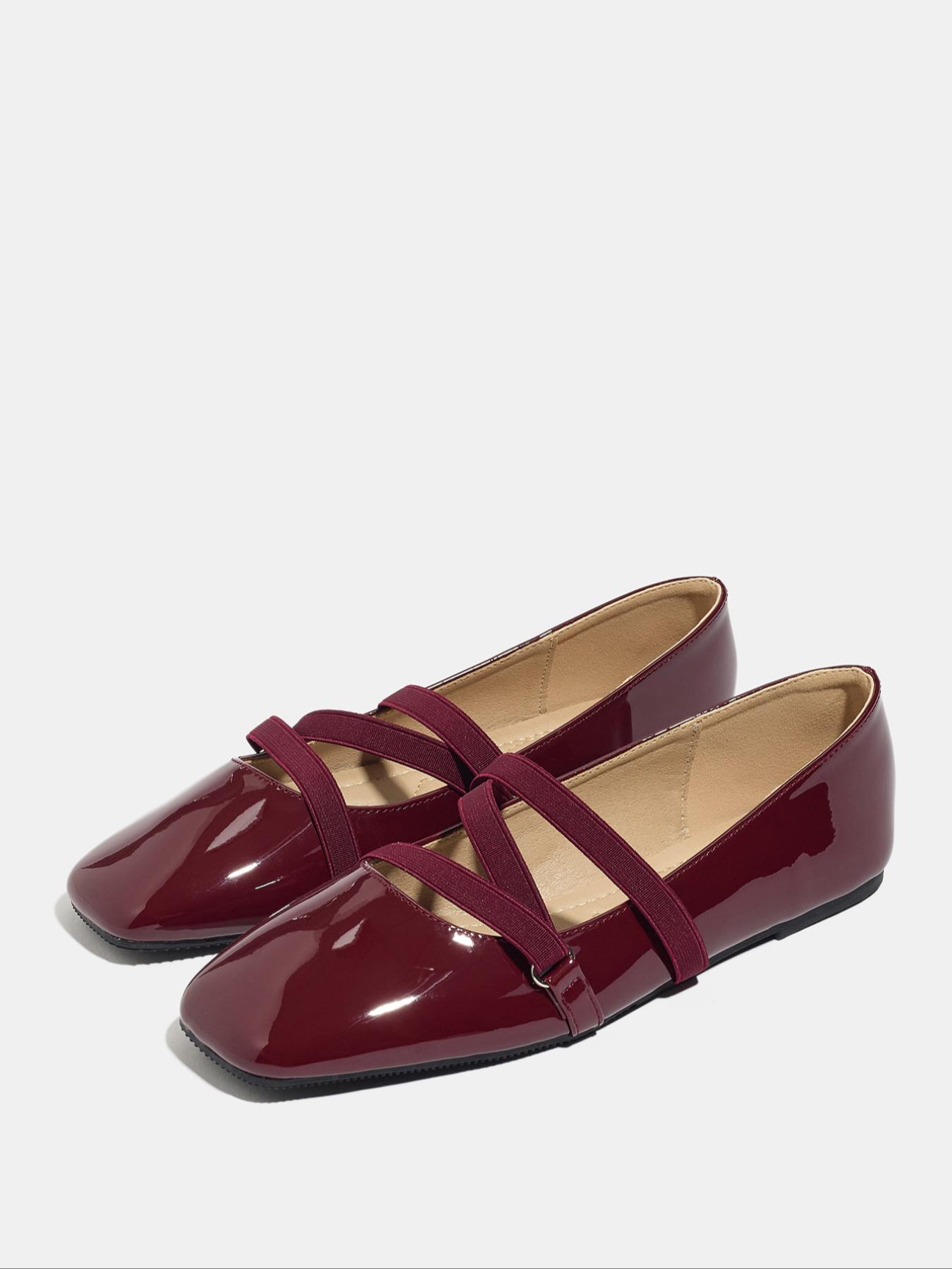 Women's Easy Slip-On Casual Trendy Flat Shoes, Wine PU Leather Square Toe Casual Ballet Flats, All Season Comfortable Wear-Resistant Design