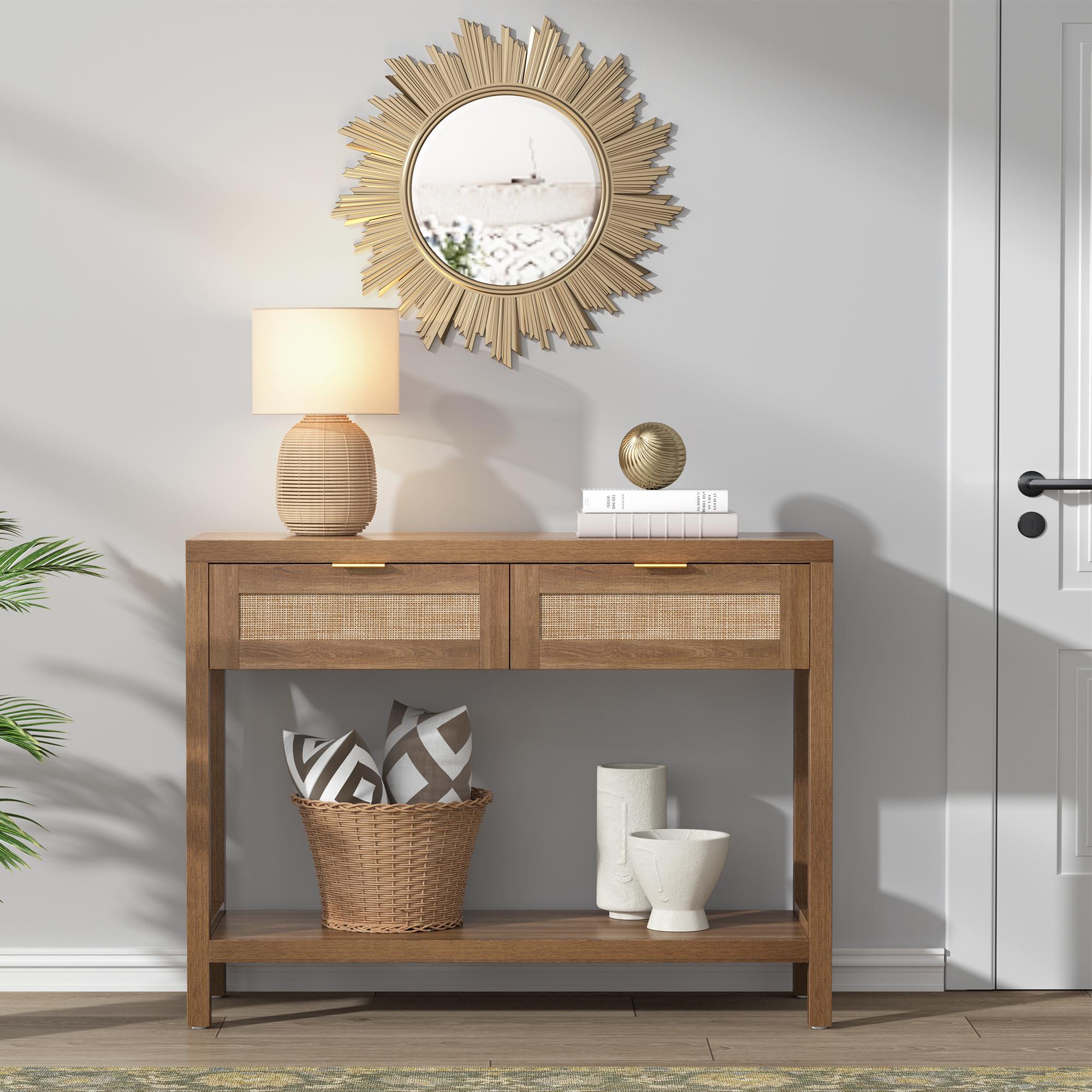 SICOTAS Console Table with Rattan Drawers - Unique Boho Rattan Entryway Table Side Table with Storage, Small Console Tables for Entryway, Entry Table for Hallway, Sofa Table Coffee Table, Spacious Storage, Stable and Sturdy