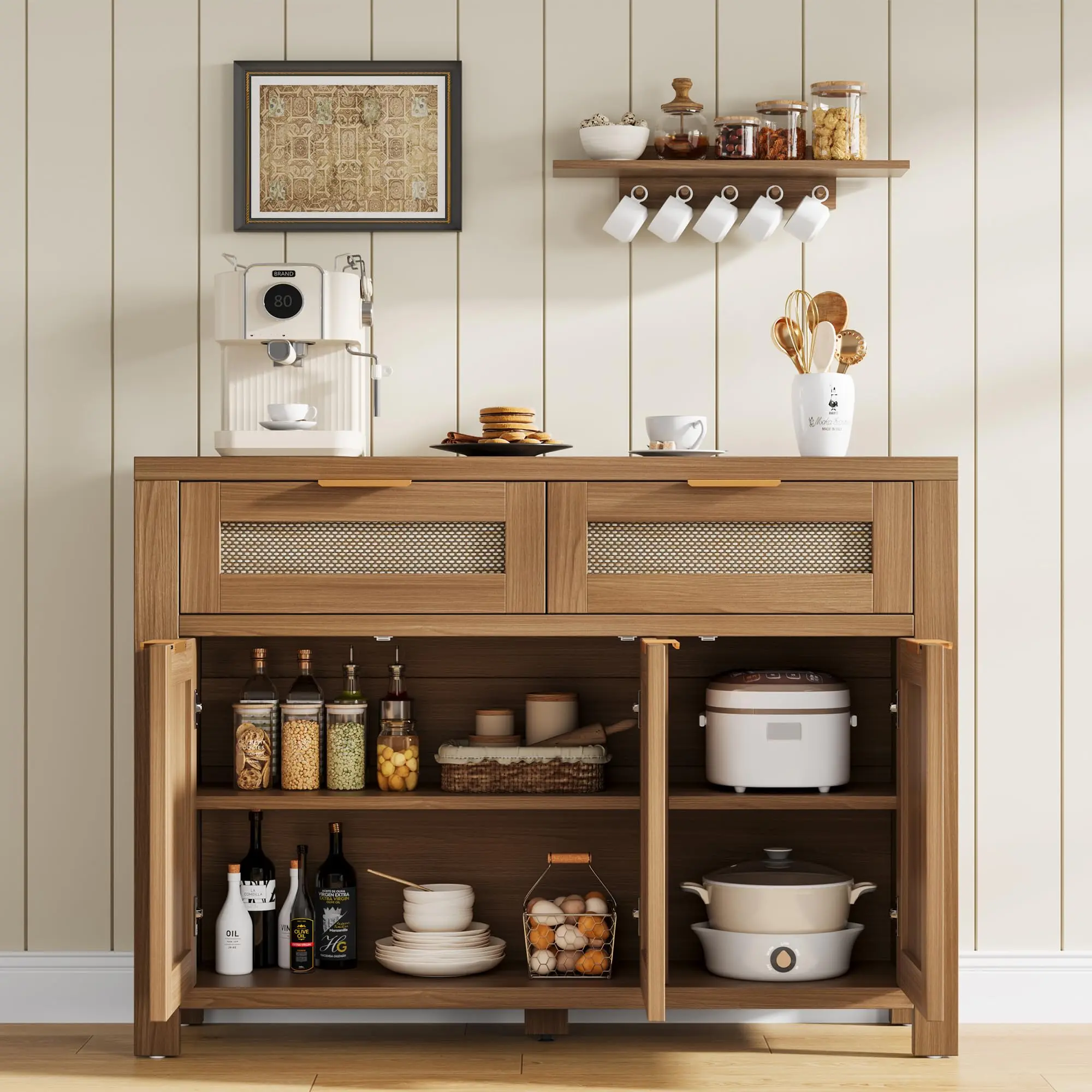 Spacious Storage Rattan Buffet Cabinet – 43" Sideboard with 3 Doors, 2 Drawers, Adjustable Shelves – Boho Farmhouse Dining Room Furniture – For Kitchen, Living Room, or Entryway