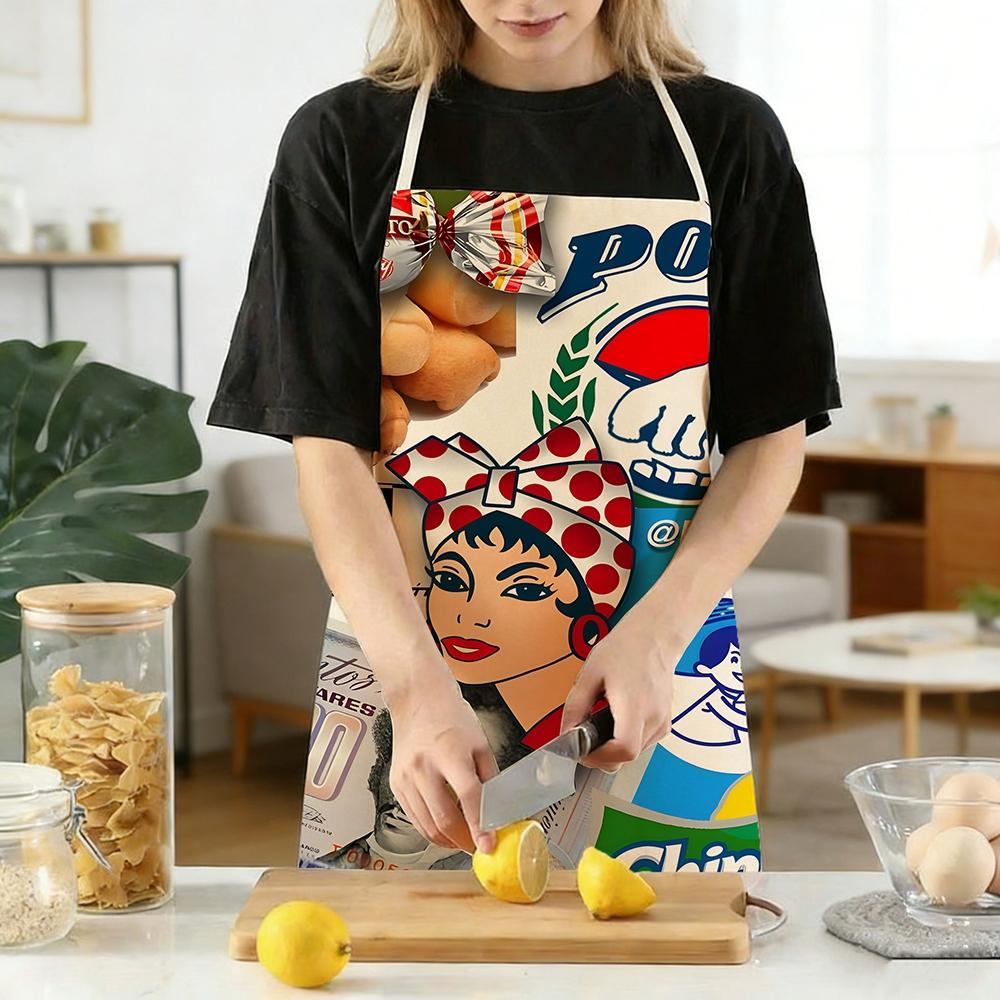 Pop Art Vintage Girl Print Kitchen Apron, Retro Collage Style Women's Chef Apron, Stain-Resistant Durable Cooking Apron