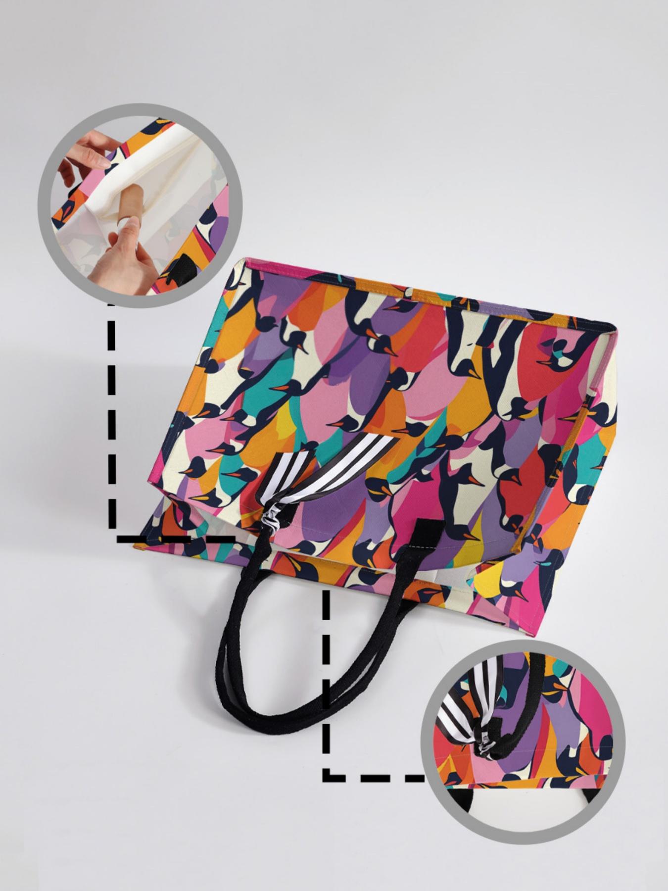1 piece of colorful penguin pattern 2D printed large capacity storage bag, extra large storage bag, sturdy handle, space-saving multi-purpose, suitable for going to school, traveling, shopping