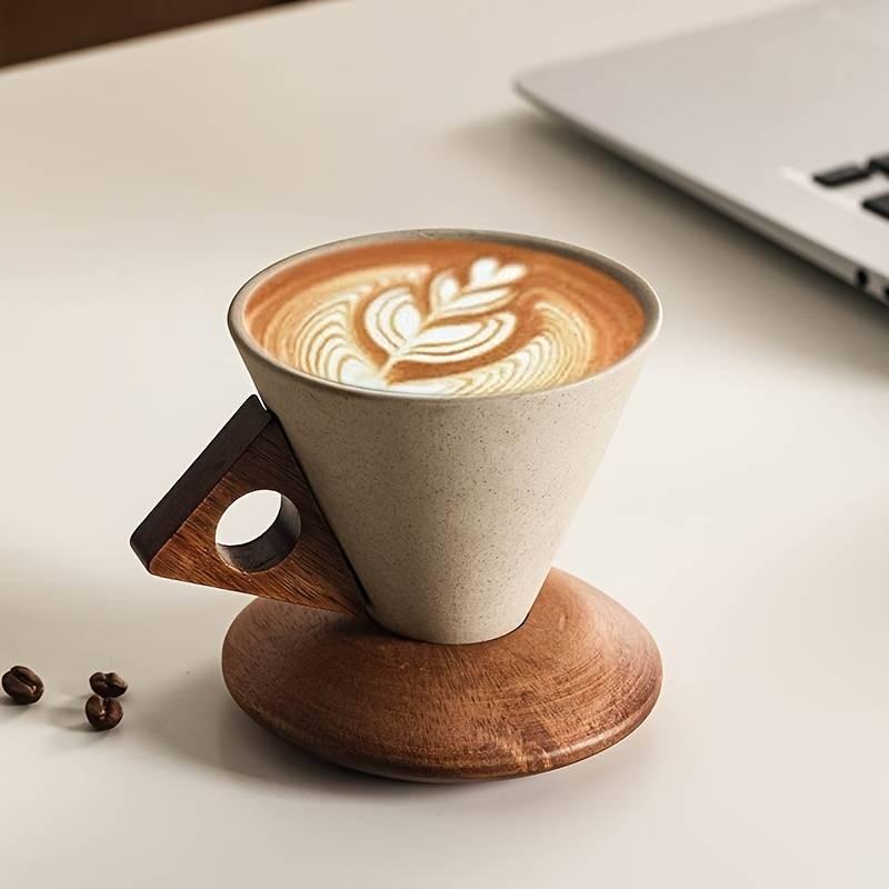 250ML Handmade Ceramic Coffee Cup, Wide Mouth Latte Mug with Heat-Resistant Wooden Handle, Ideal for Home & Office, Perfect Gift