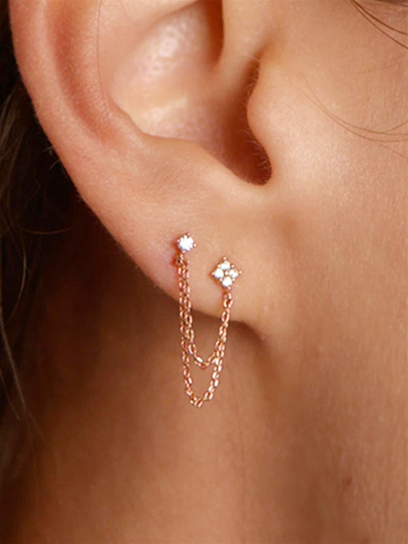 Rhinestone Decorated Double Layered Chain Dangle Earrings, Fashionable Earrings, High Quality Earrings