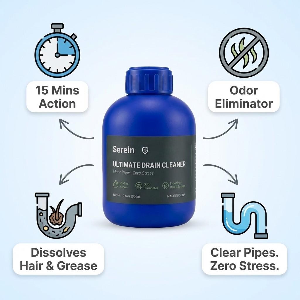 Serein Strong Pipe Unblocker, Quick Dissolving Clog Remover, Effective Drain Cleaner, Fast Acting Plumbing Solution, Home Maintenance Essential