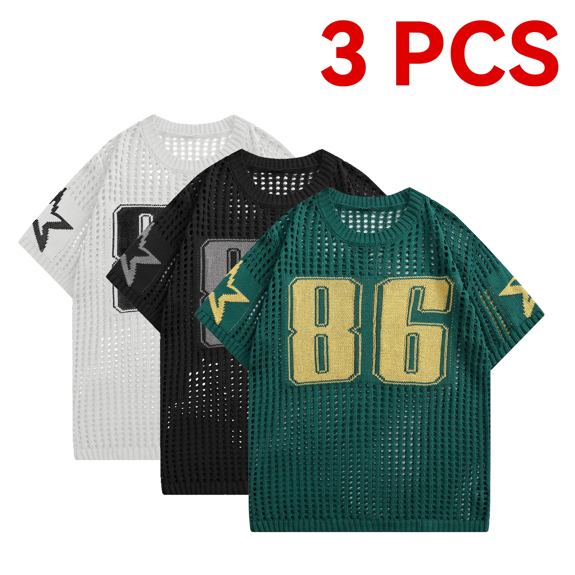 Men's Casual T-Shirt, Unisex Short-Sleeve Jacquard Hollow-Out Knit Pullover with Number Graphic - Baggy Mensfashion Top, Shortsleeve, Knit Design,back to school,back to school shopping, Streetwear,clothes for back to school,first day of school outfits
