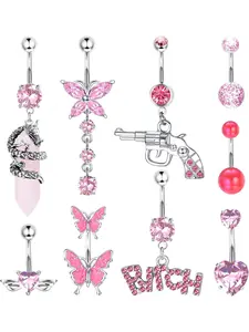 14G Belly Button Rings Dangle Stainless Steel Navel Rings Pink CZ Heart Butterfly Belly Rings Dangling Belly Piercing Jewelry For Women Body Piercings Belly Piercing Ring Chain