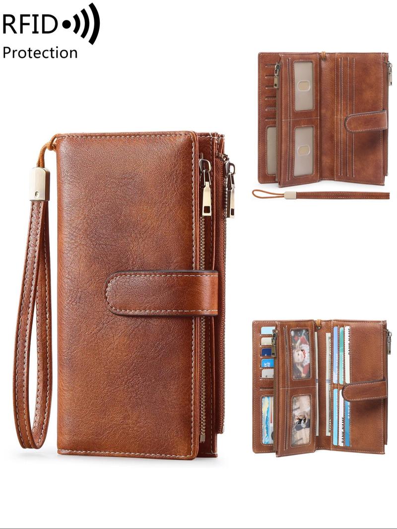 Women's Solid Color Long Wallet, Casual Wallet, Fashionable PU Leather Zipper Wallet with Wrist Strap, Multi-functional Card Holder for Daily Use, Christmas Gift, Valentine's Day Gift, Ideal Gift