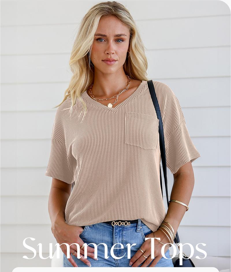 EVALESS Women's Oversized Summer T Shirts Tops V Neck Short Sleeve Ribbed Knitted Casual Loose Fit Blouses with Pocket 2026 Womenswear Springtok Outfits
