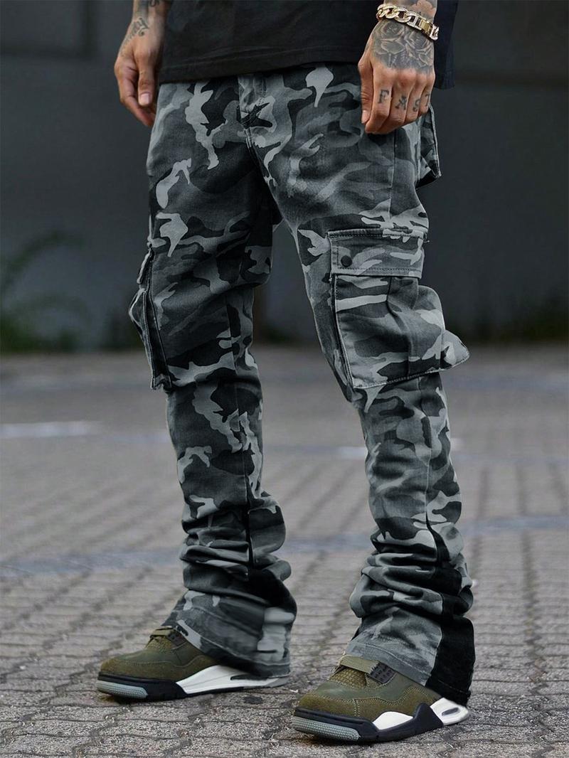 Men's New Camo Pants Fashion Outdoor Wide Leg Pants Large Pockets Decorative Woven Flare Pants Suitable for Young Casual Wear