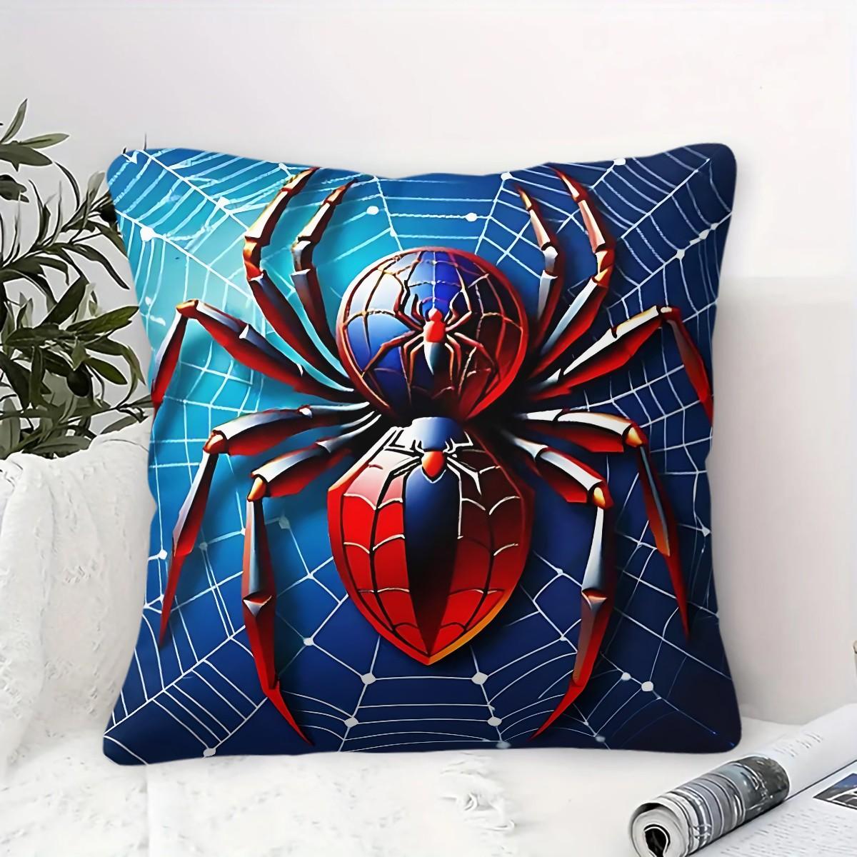 Large Spider Pattern Digitally Printed Throw Pillow (With Insert), 45cm Square Pillow, Featuring a Blue Sphere and Red Shield Design, Suitable for Sofas and Bedrooms, Eye-Catching and a Unique Cushion for Spider Enthusiasts.