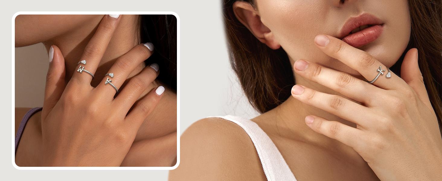 MILACOLATO 925 Sterling Silver Heart Initial Rings for Women  Stackable Ring Adjustable Initial Rings for Teen s Cute Heart Alphabet Letter Rings, Letter A-Z SpringStatements