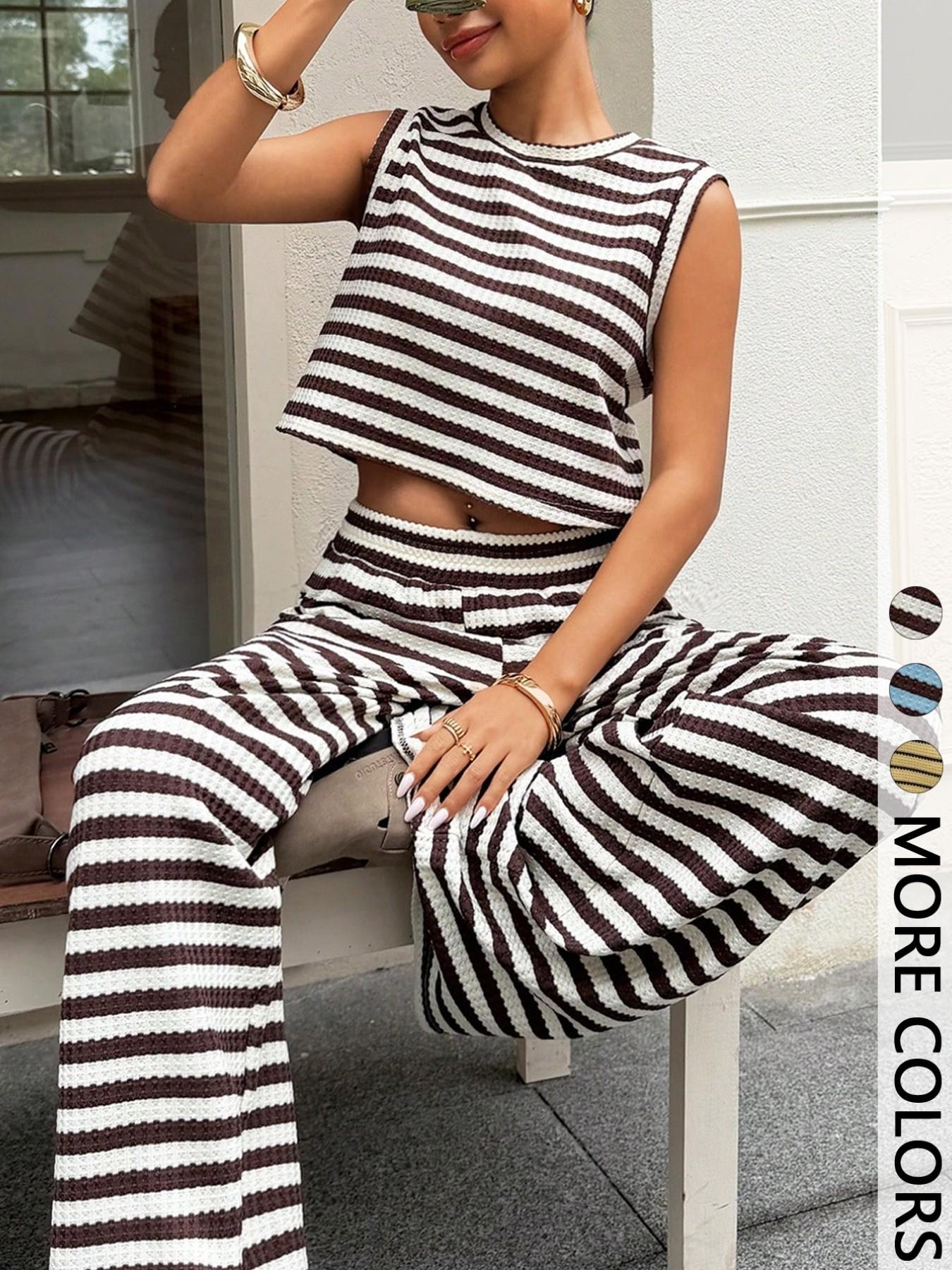 Summer Striped Two-Piece Set, Loose Round Neck Sleeveless Tank Top, Elastic Waist Casual Vacation, Comfortable Home Wear