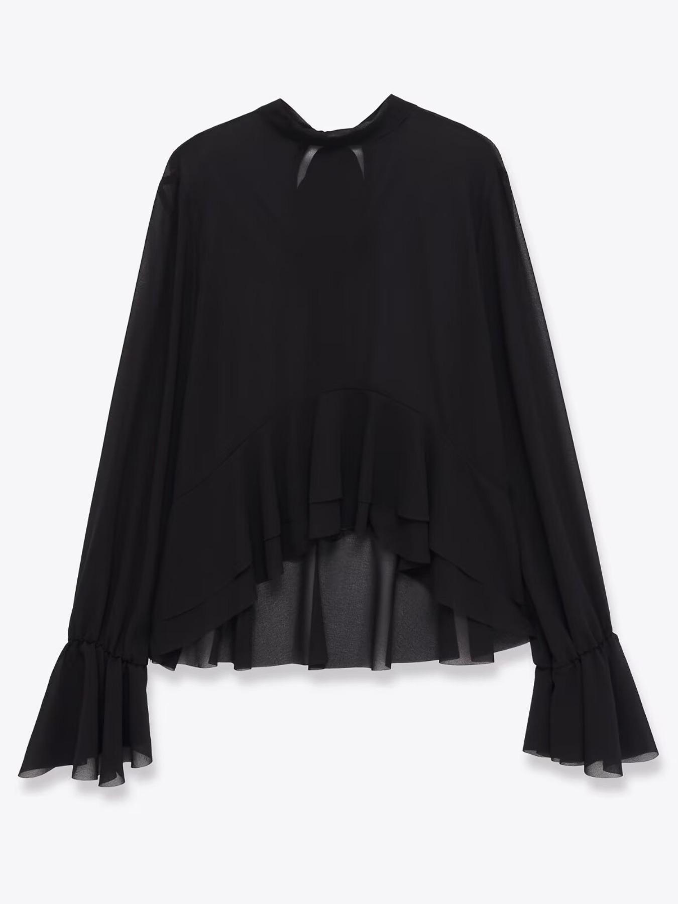 Women's Simple Round Neck Long Sleeve Shirt, Layered Decoration, Adjustable Bow Back, Asymmetric Hem, Wrinkled Pure Color Top, Blouse