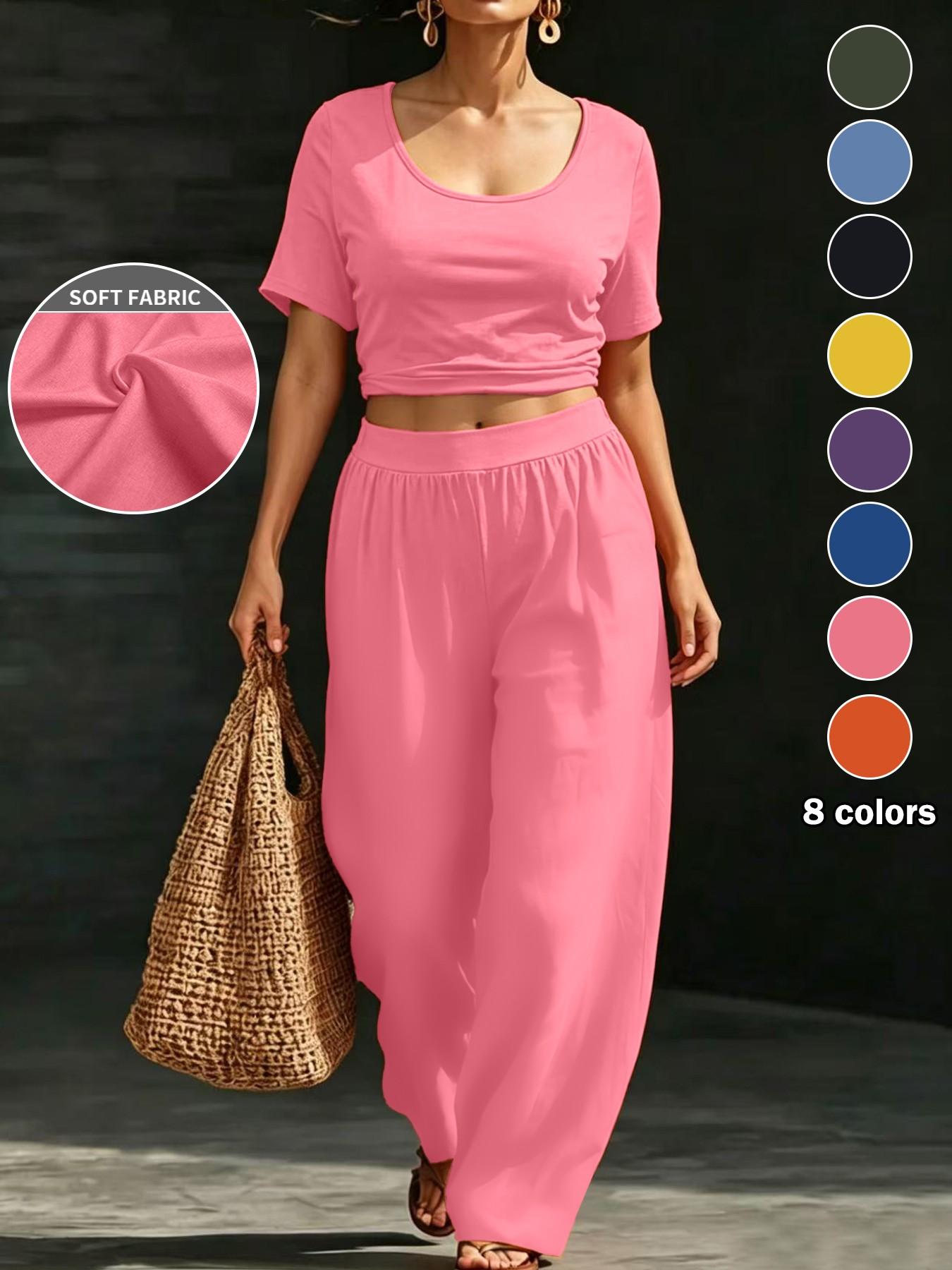 Plus Size Women's 8 Color Options, Casual Solid Shorts U-Neck Top + Loose Wide Leg Pants Set, Fit, Lazy Style, Daily Wear, Vacation, Home Essentials, Clothes
