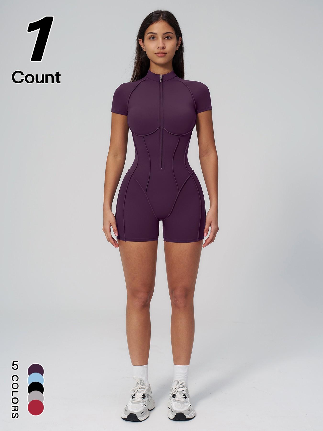 Women's Sportswear Half-Zip Stand Collar Shapewear Jumpsuit, Casual Slim-Fitting Short Sleeve Jumpsuit for All Seasons