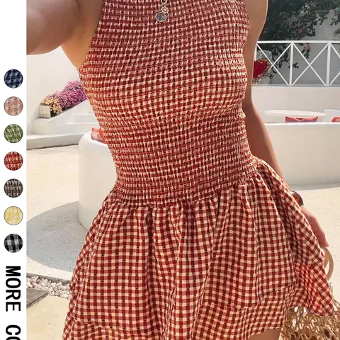 Women Sleeveless Round Neck Gingham Mini Dress, Smocked Bodice Tiered Ruffle Hem A-Line Short Dress, Slim Fit Flowy Skirt, Casual Versatile Summer Dress for Beach Vacation Daily Outings
