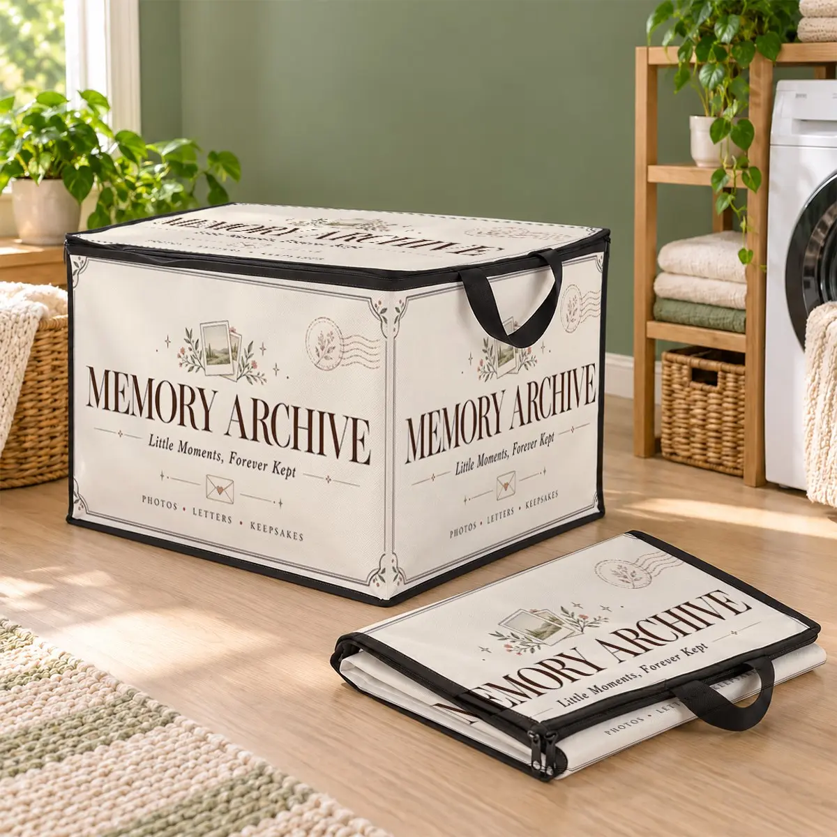 1pc Keepsake Memory Storage Box with Zippered Lid and Handles, Cream Fabric Organizer with Vintage Memory Archive Print for Letters, Photos and Sentimental Items