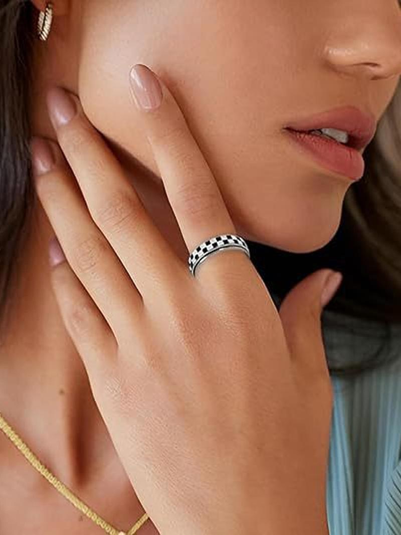 Stainless Steel Checkered Rotating Stress Relief Adjustable Ring, Unisex Casual Daily Wear, Simple Chessboard Design Jewelry