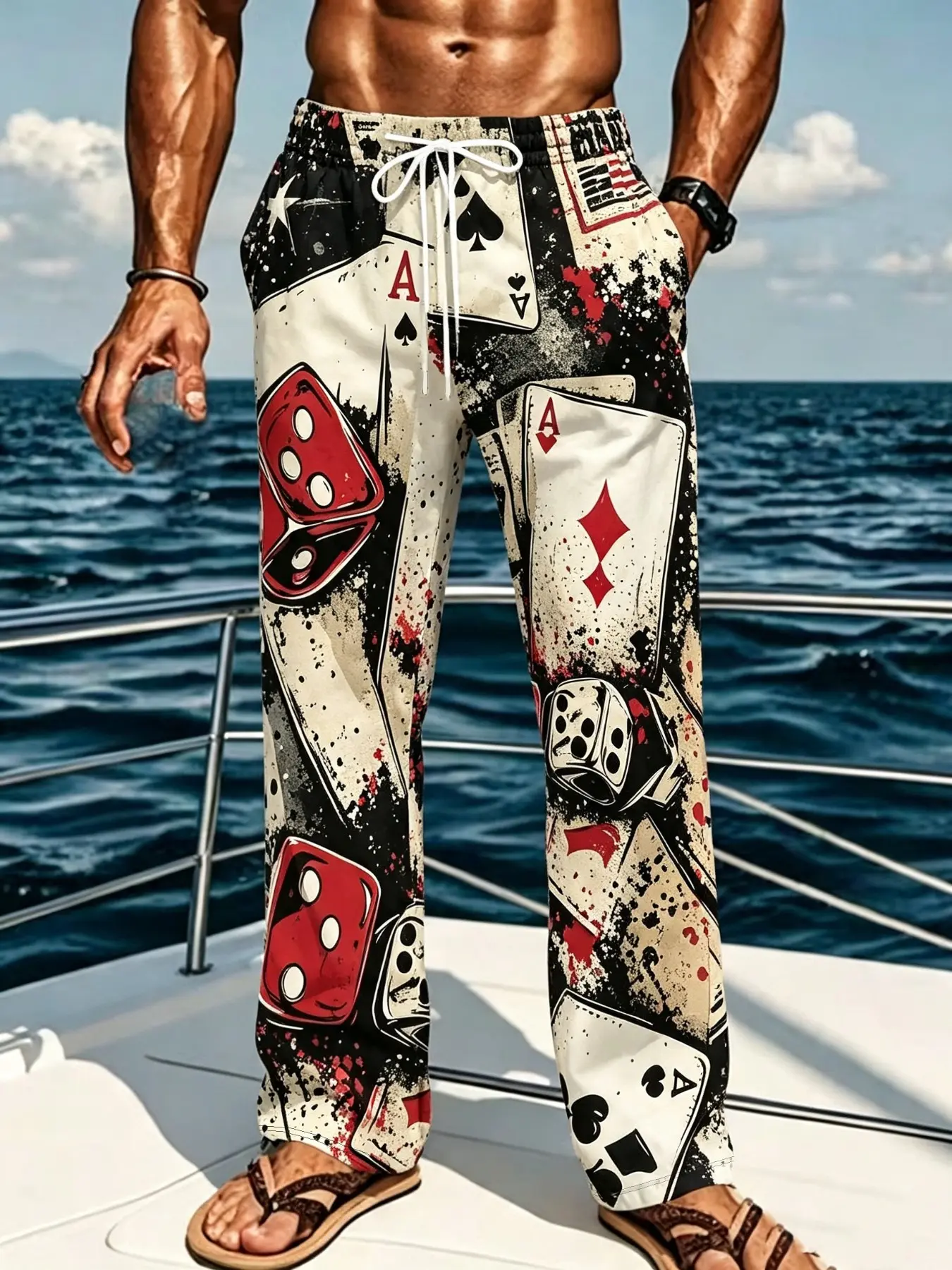 Men's Sporty Sweatpants with Poker Card and Dice Print, Loose-Fitting Elastic Polyester, Fall & Winter Casual Comfort, Loose Sports Pants