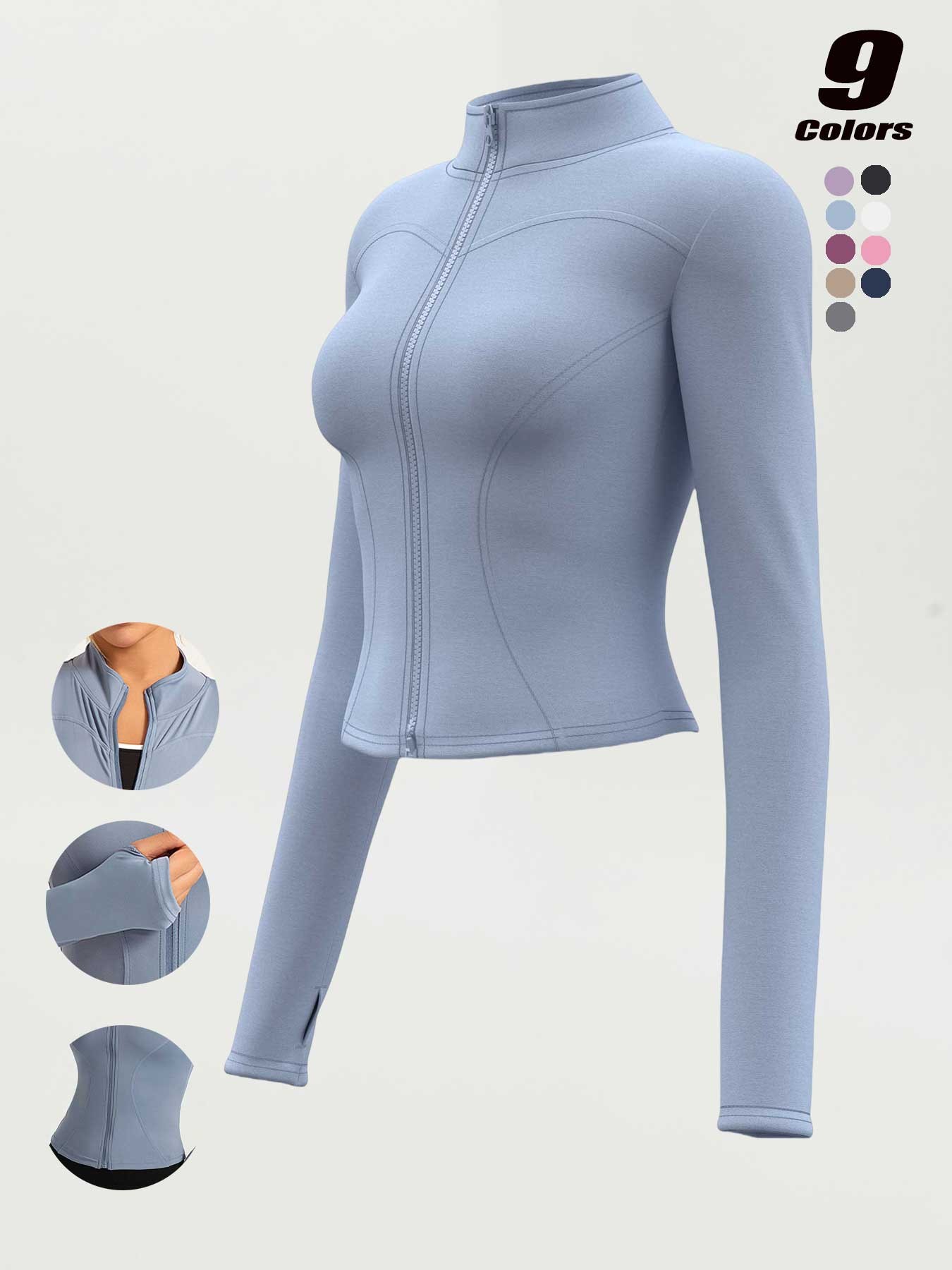Women's High Elastic Stand Collar Thumbhole Fitted Gym Top, Breathable Thinning Yoga Jacket, Sports Jacket for All Seasons, Long Sleeve Fitness Wear S-Xxxl