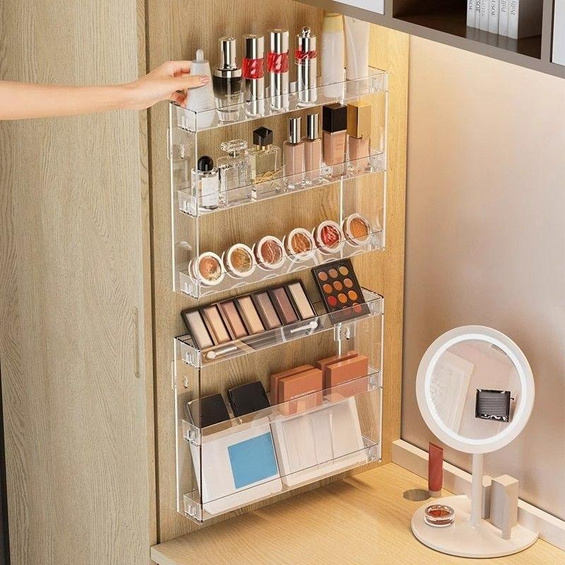 Wall-mounted acrylic makeup storage rack, no-drill cosmetic storage rack, transparent bathroom skincare shelf for vanity, very suitable for organizing lipsticks, eyeshadows, and skincare products