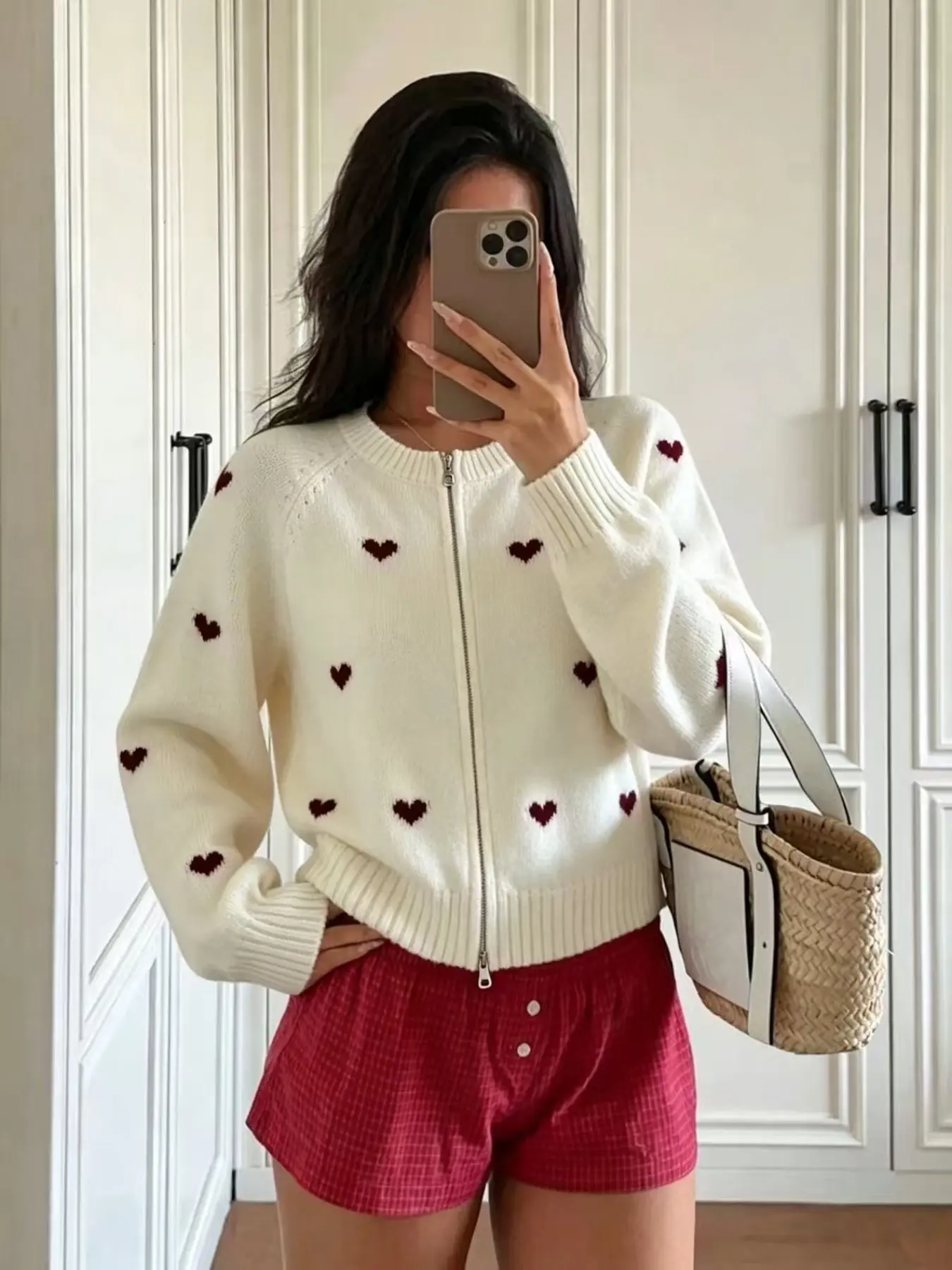Women's Fall Winter Casual Heart Zipper Cardigan, Fashion Colorblock Knit Open Front Coat, Stylish Pullover Top for Valentine's Day