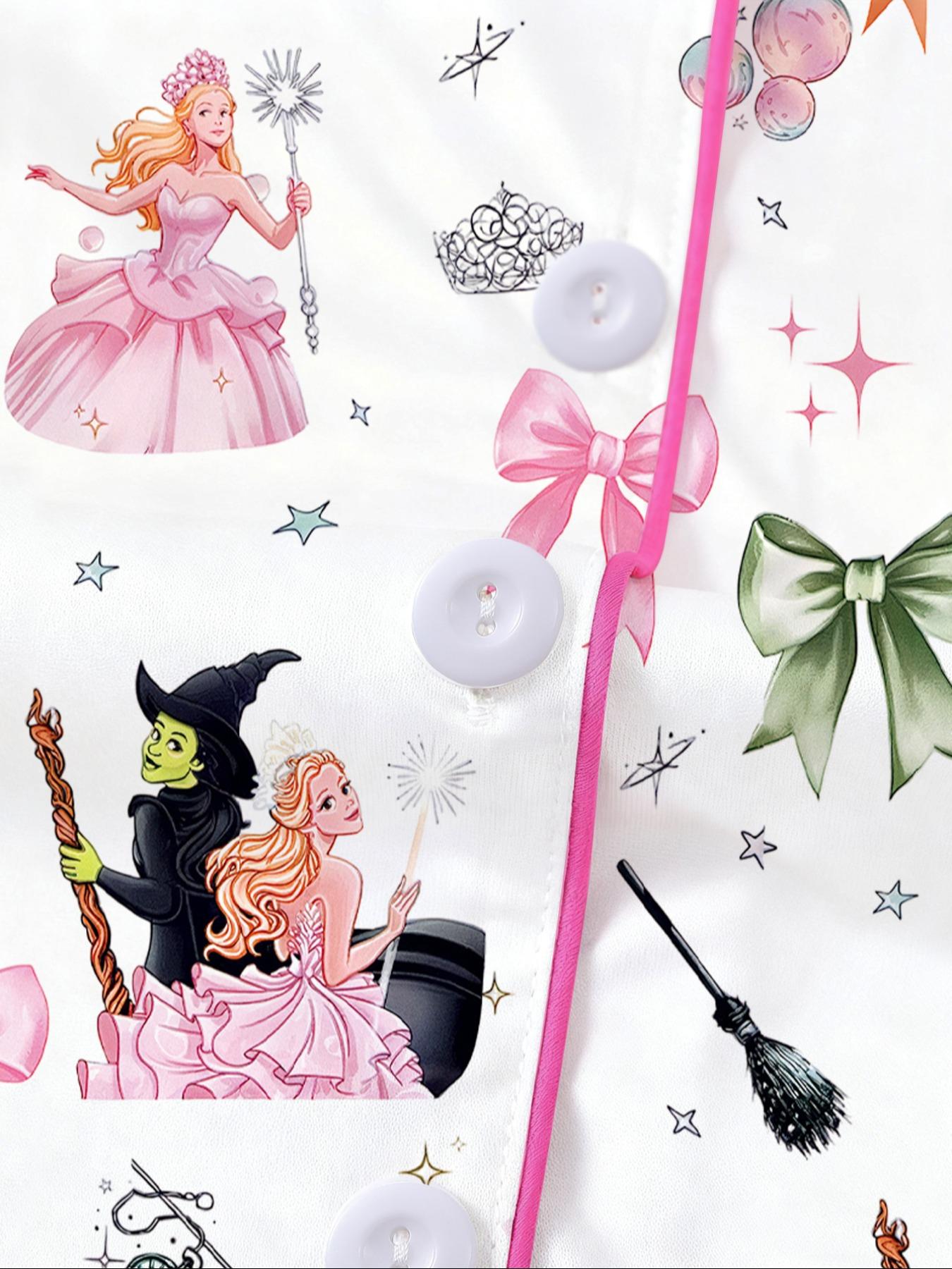 Cartoon Short Sleeve Shorts Pajama Set, New Fire Retardant Button Front Shirt & Loose Elastic Waist Ruffle Pants