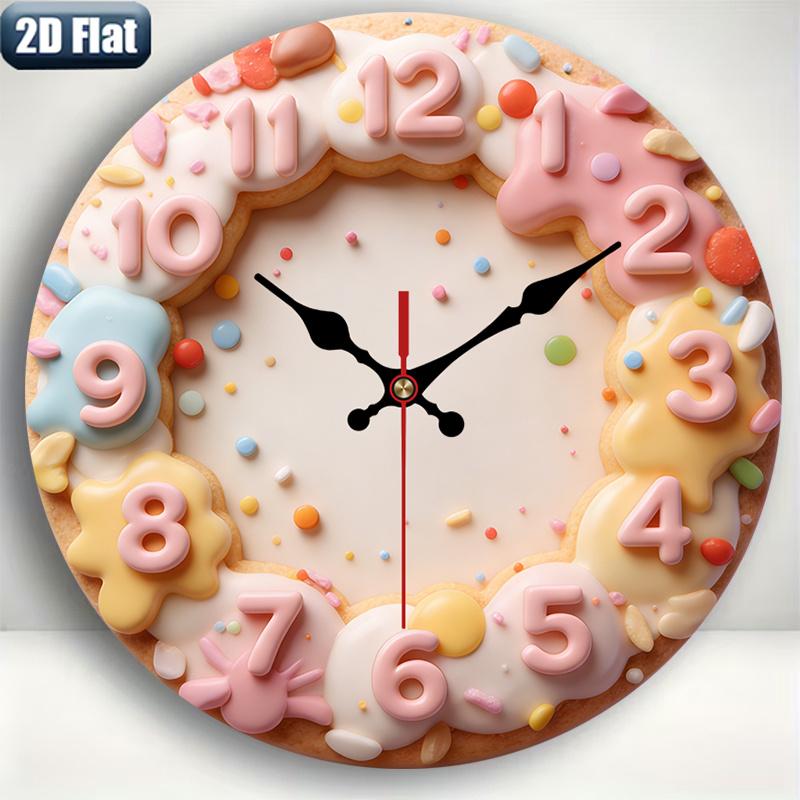 2D flat design. 1 piece set. Sweet Donut Cookie Creative Wall Clock, Silent Decorative Wall Clock, Creative Wall Clock, Suitable for Bedroom, Living Room, Office Decoration, 25/30 cm (excluding AA batteries), 2D Flat Version