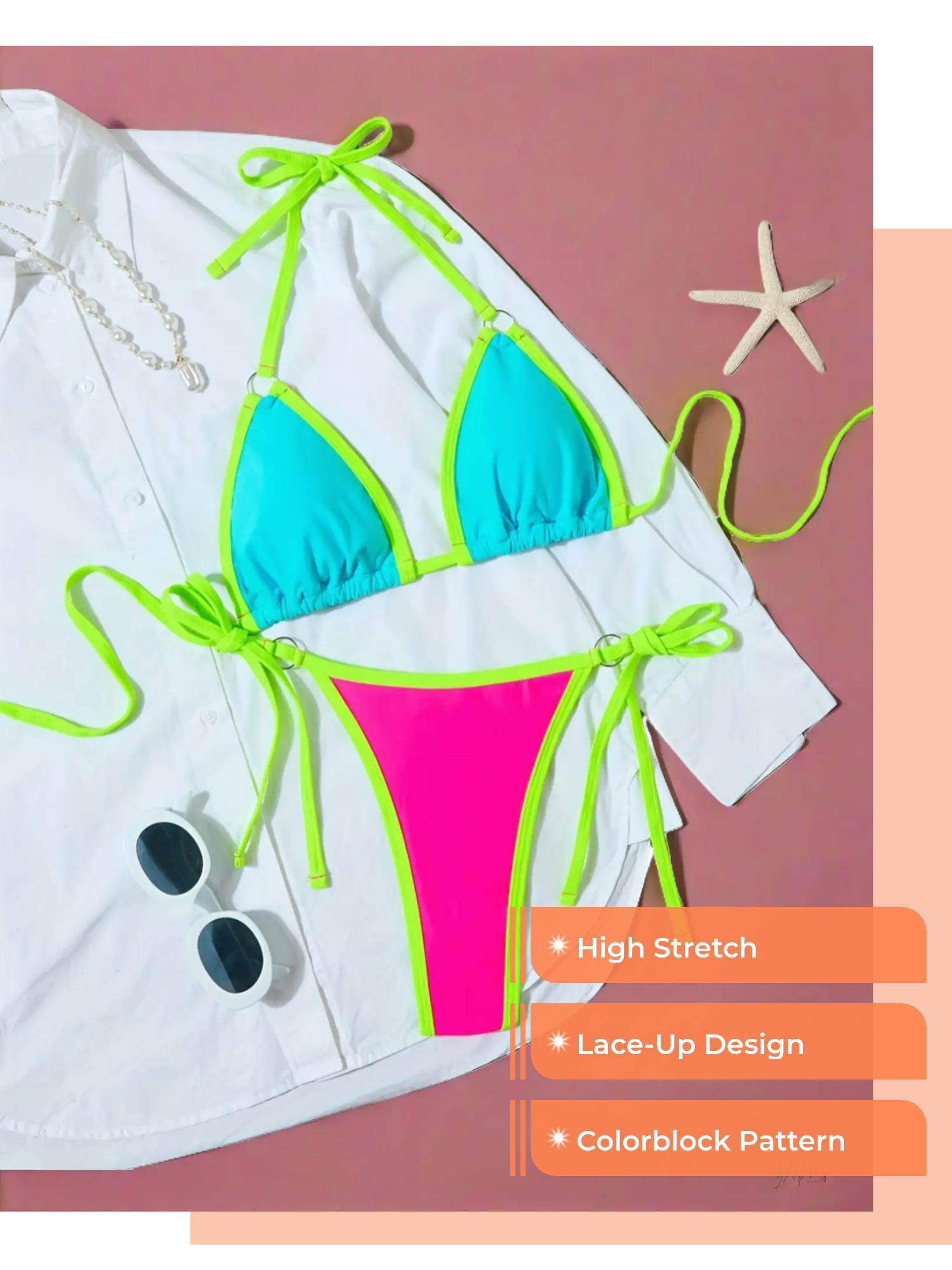 Women's Summer Beachwear, Sexy Bikini Set with Thong Bottoms, Style, Lace-Up Design, Fitted Colorblock Pattern, Color Block Swimsuits